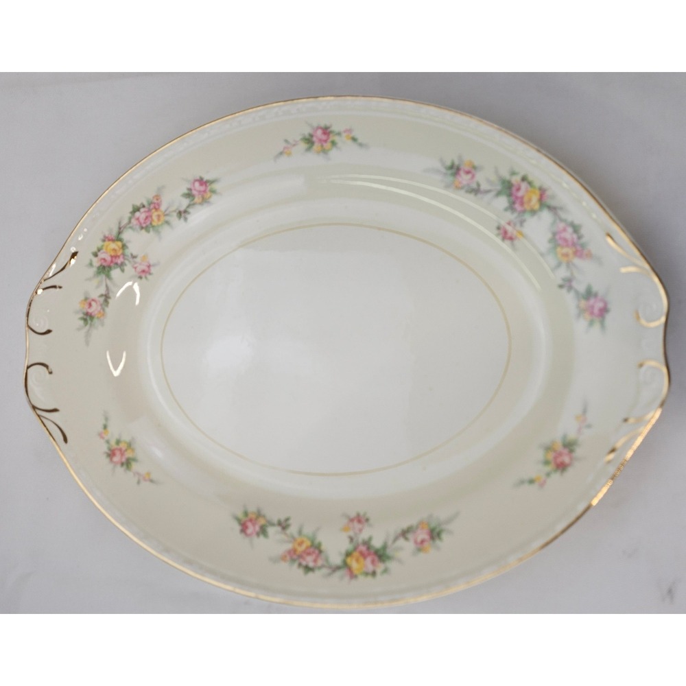 Vtg Homer Laughlin Eggshell Georgian Floral Oval Serving Platter Gold Trim J47N5